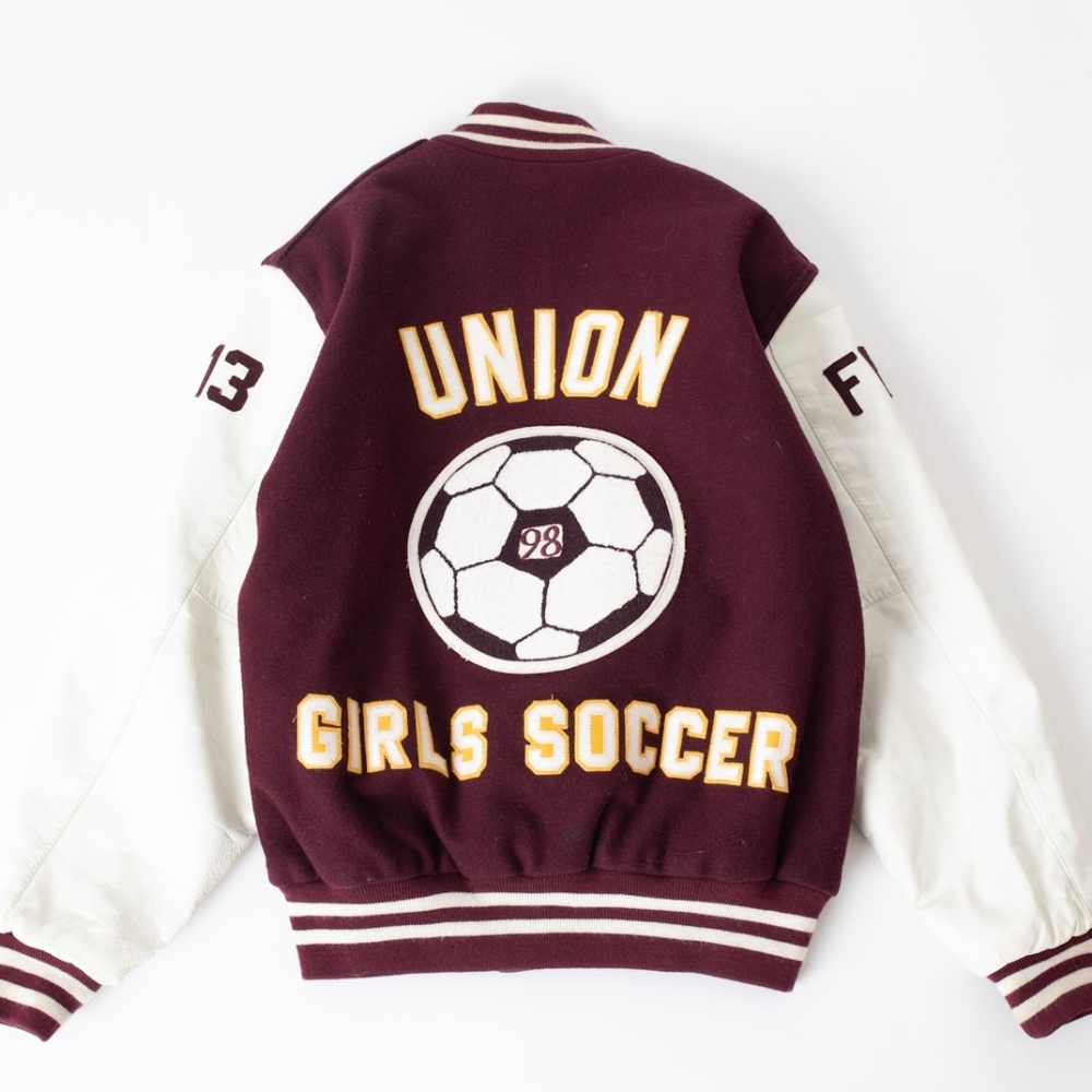 Vintage 1998 Union Girls Soccer FWD Letterman Jacket Varsity Stacy L/XL Women's